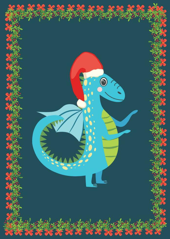 Christmas card with cute green dragon. Year of the Dragon 2024, China vector