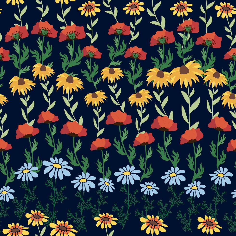 Seamless pattern with red poppies, white chamomile flowers, yellow rudbeckia. Summer flower field, meadow. vector