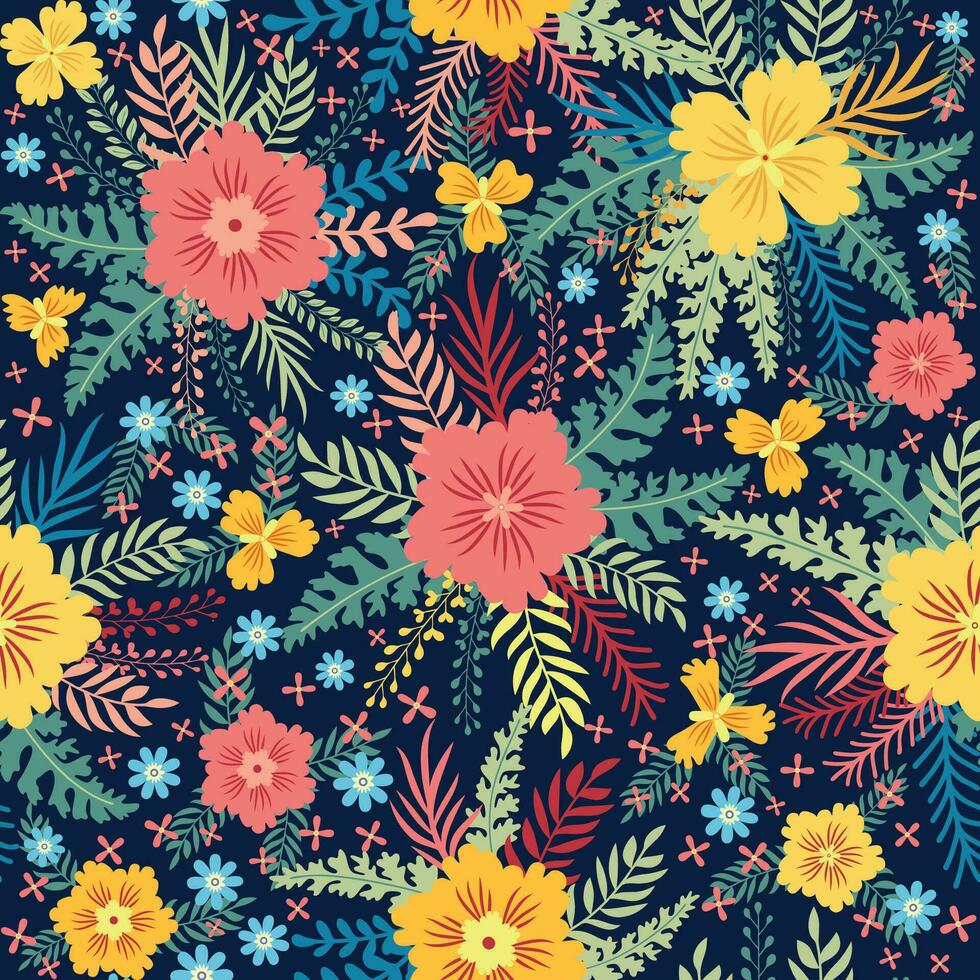 Fairy meadow with flowers seamless pattern. Cute feminine design vector