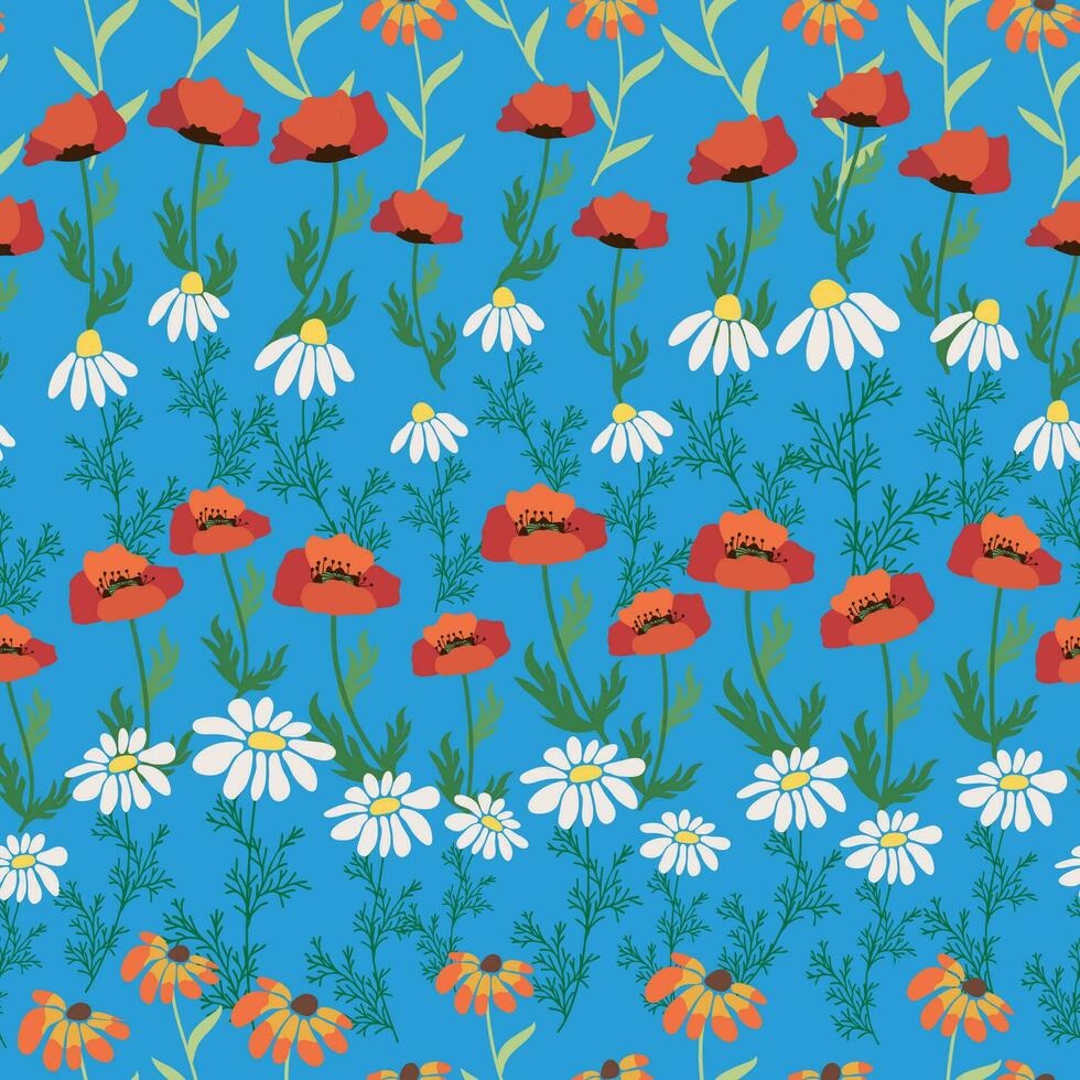Seamless pattern with red poppies, white chamomile flowers, yellow rudbeckia. Summer flower field, meadow. vector