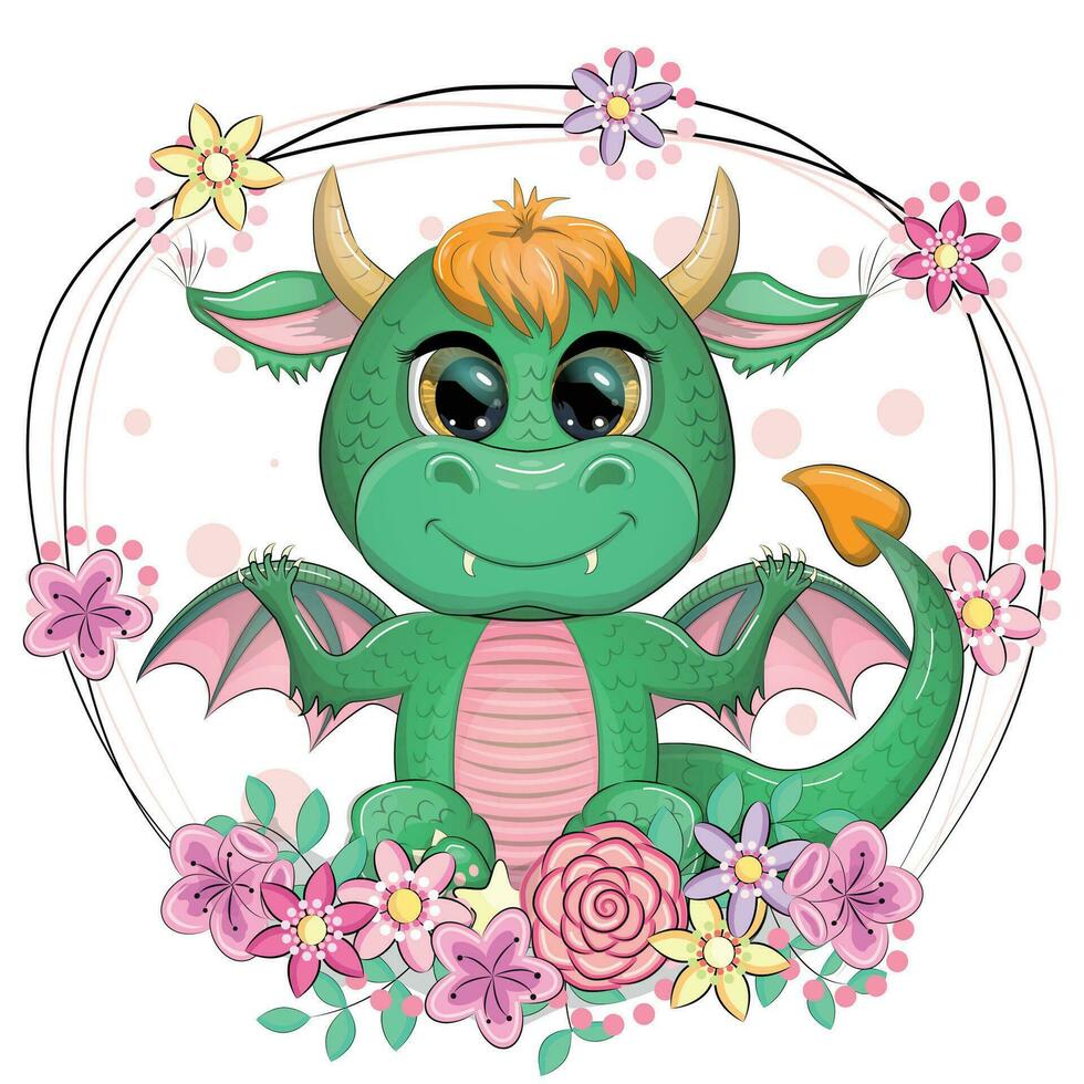 Cute cartoon green baby dragon with horns and wings. Symbol of 2024 according to the Chinese calendar. Funny mythical monster reptile vector