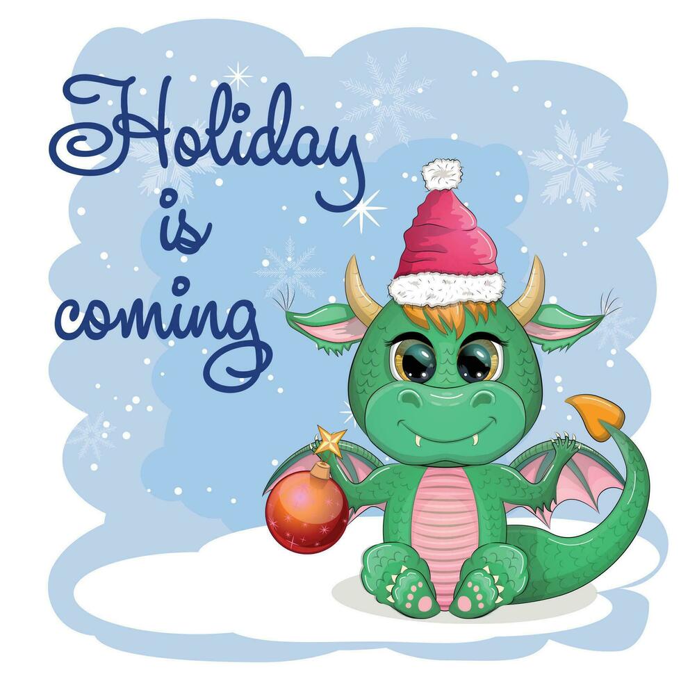 Cute cartoon green dragon in santa hat. 2024 new year, chinese calendar vector