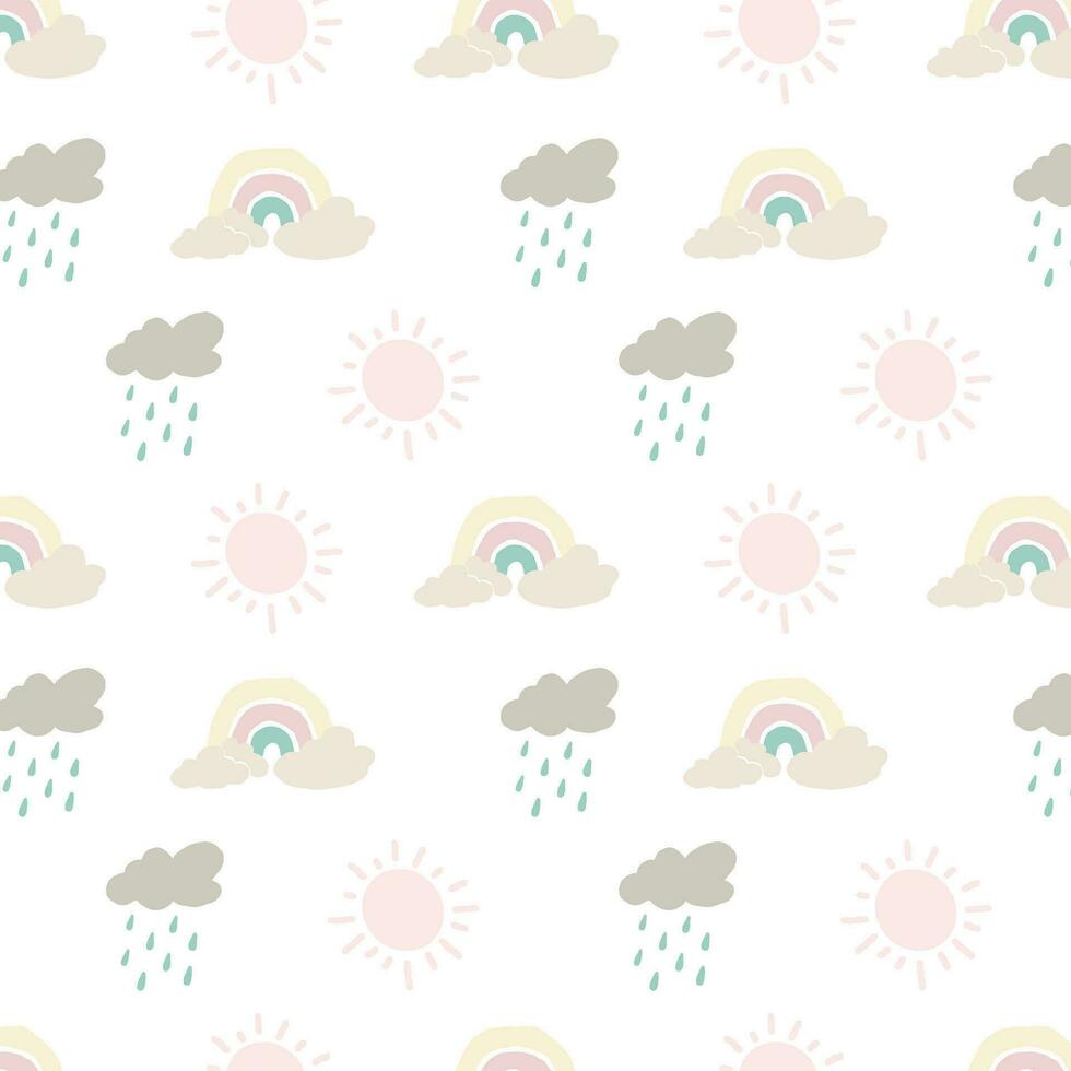 Seamless vector pattern with drawn rainbow, sun and clouds. Scandinavian childish texture for fabric, capes, textiles, wallpaper, clothing. Illustration on a white background