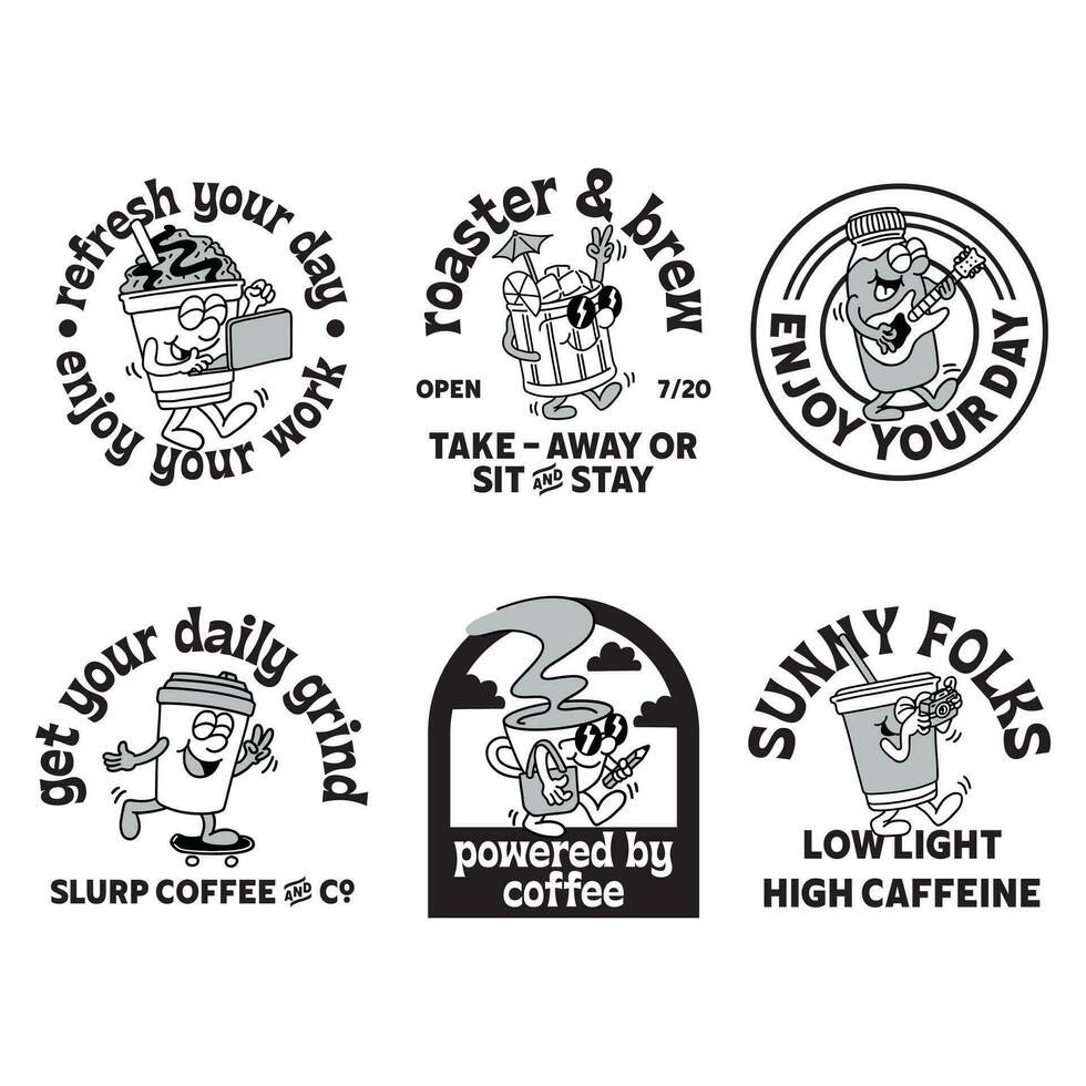 Set of hand drawn coffee mascot badges cartoon illustration vector