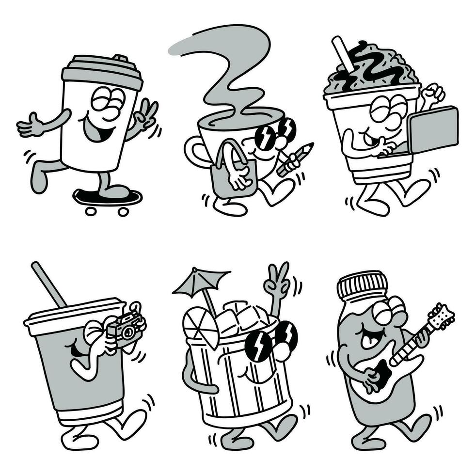 Set of hand drawn coffee mascot cartoon illustration vector