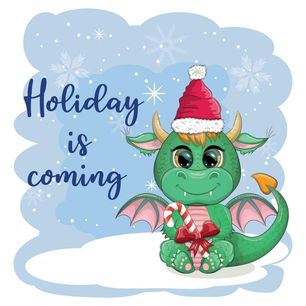 Cute cartoon green dragon in santa hat. 2024 new year, chinese calendar vector