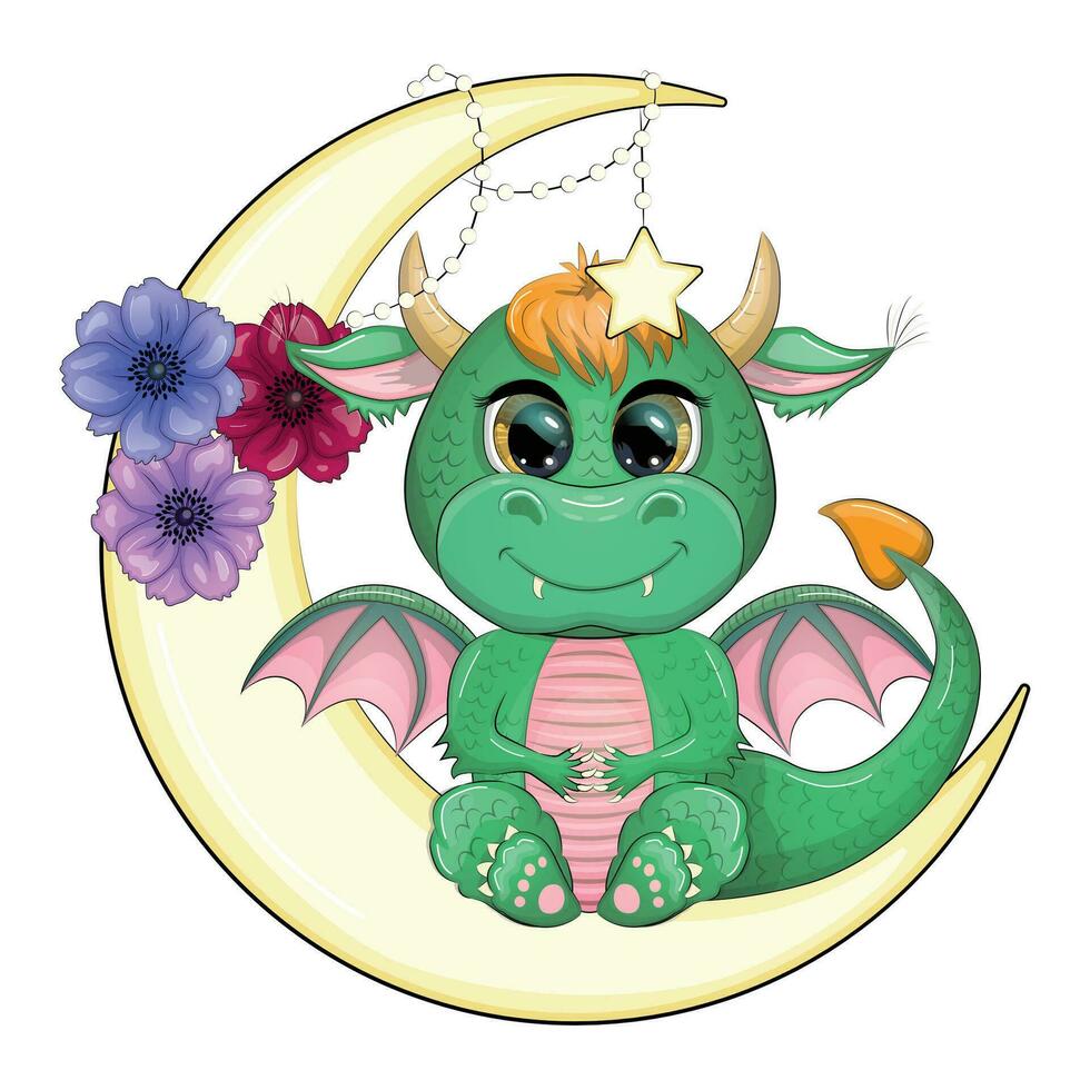 Cute cartoon green baby dragon on the moon. Symbol of 2024 according to the Chinese calendar. vector