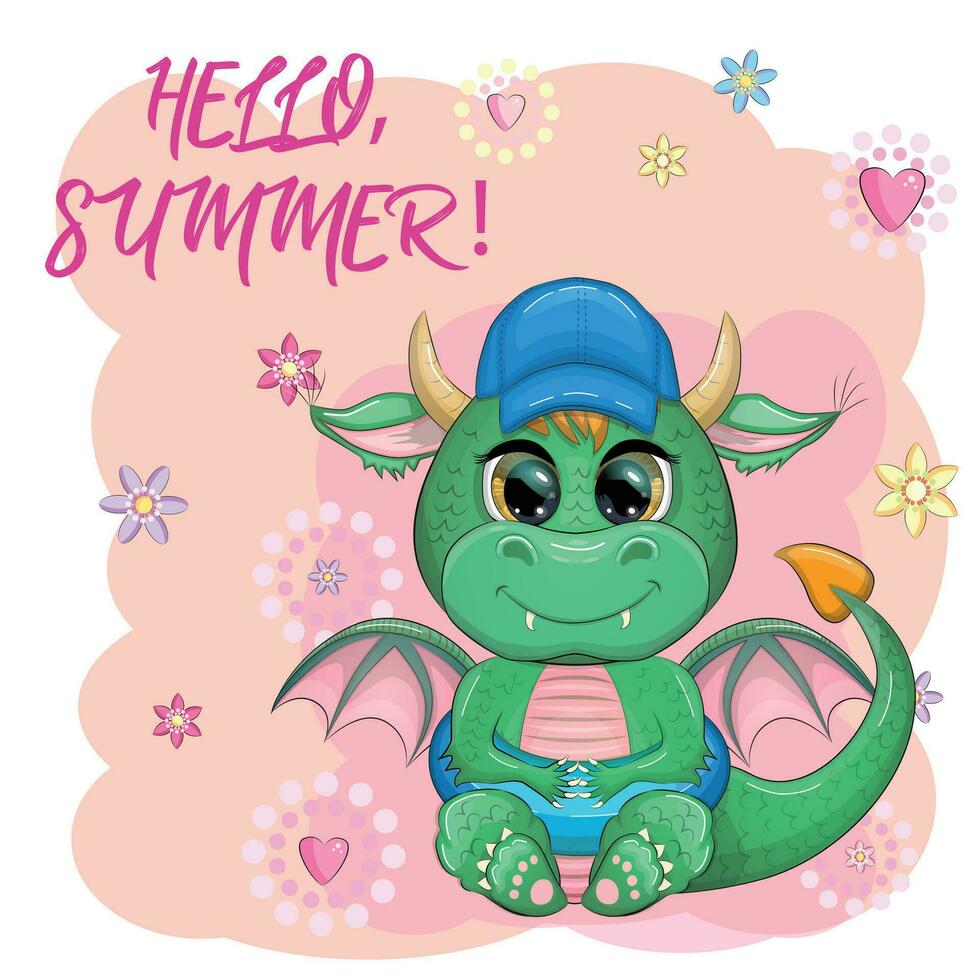 Cute cartoon green baby dragon in a summer hat, swim ring. Symbol of 2024 according to the Chinese calendar vector