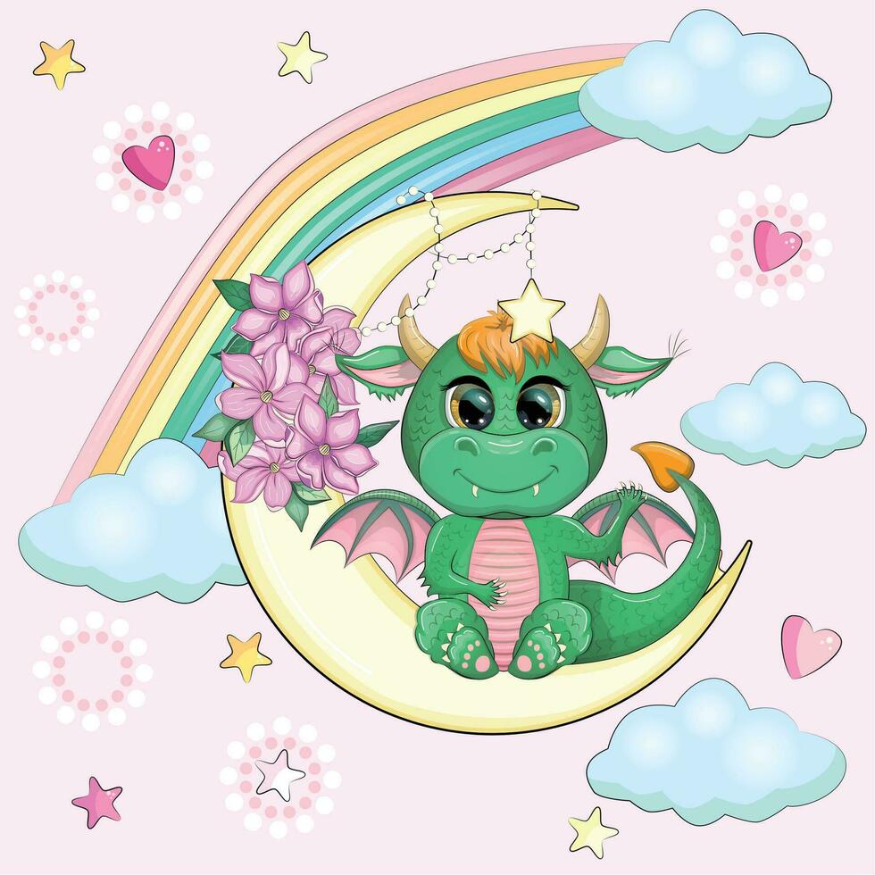 A cute cartoon green dragon sits on the moon. Animal on a pink background with clouds and stars. Year 2024 Chinese calendar vector