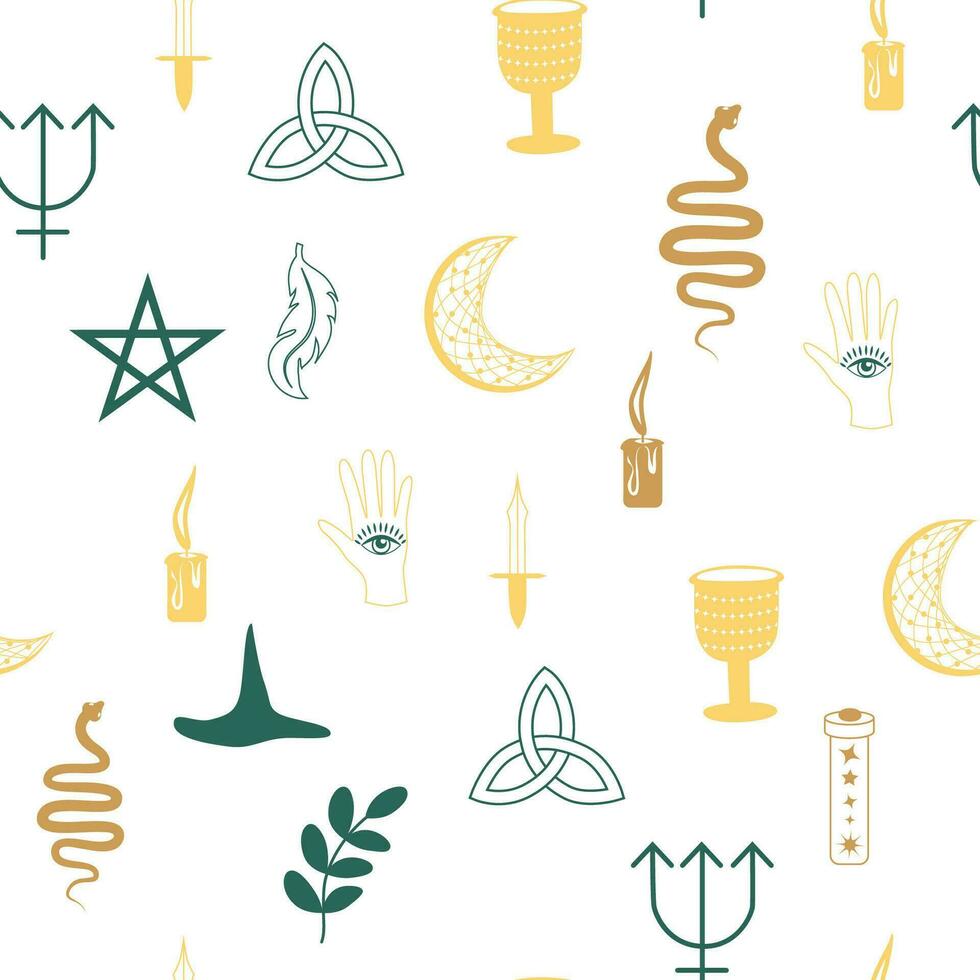 Magic and heaven seamless pattern, with magical elements such as snake, eye. Symbols and elements of the witchcraft theme. vector