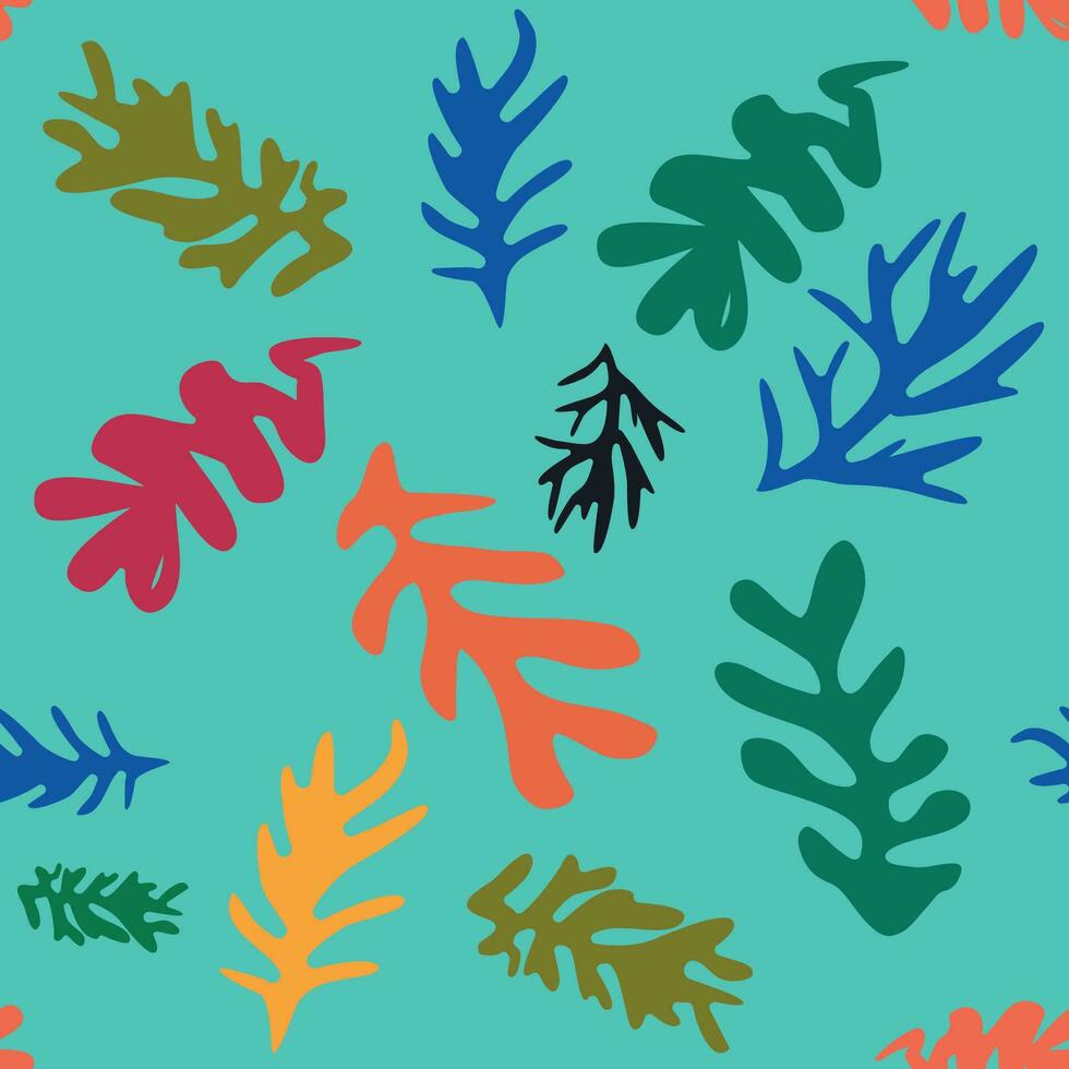 Blue Matisse floral pattern, crooked leaves and red flowers. vector