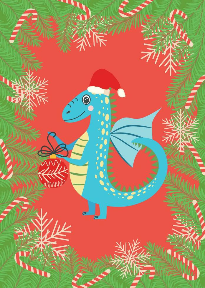 Christmas card with cute green dragon. Year of the Dragon 2024, China vector