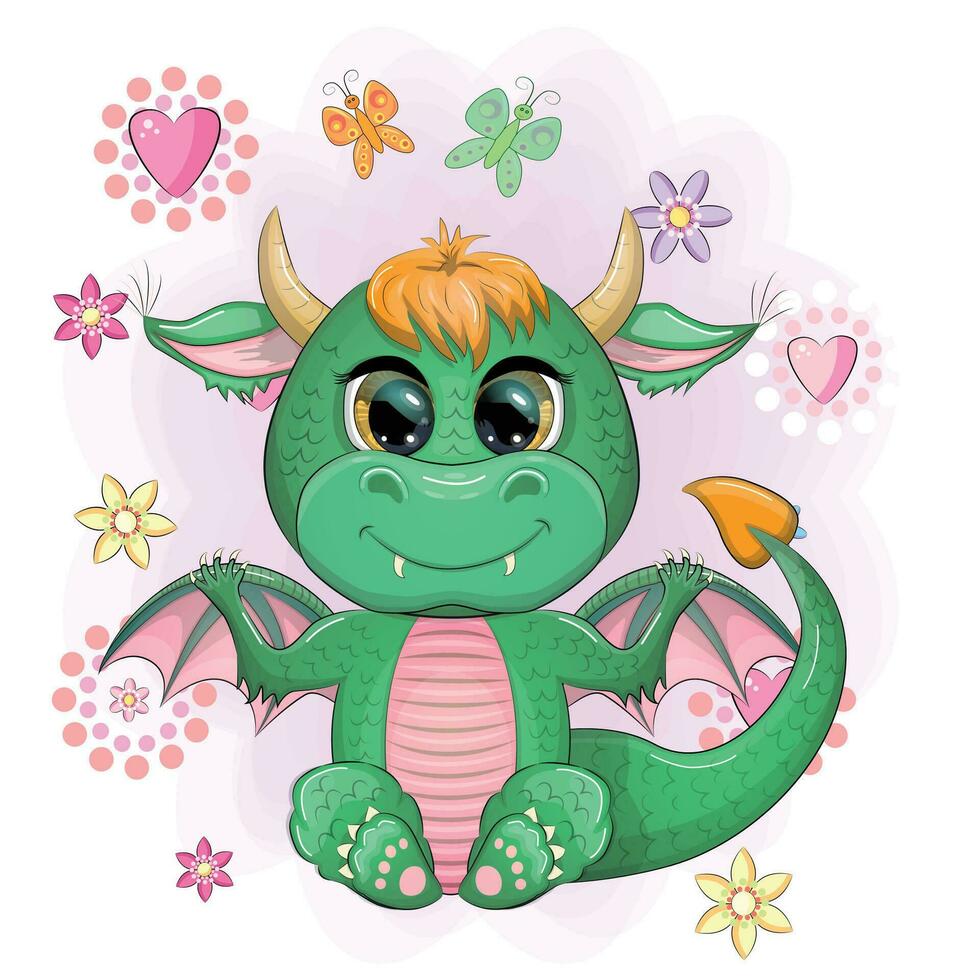 Cute cartoon green baby dragon with horns and wings. Symbol of 2024 according to the Chinese calendar. Funny mythical monster reptile vector