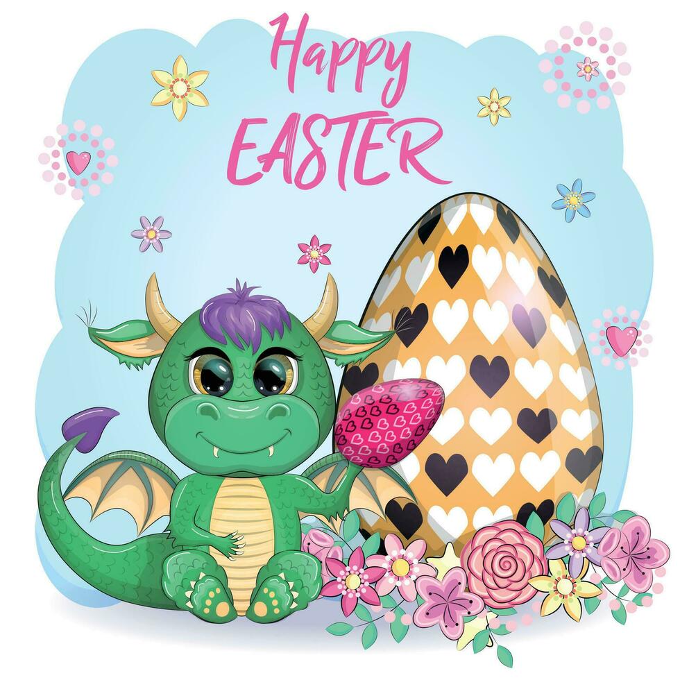 Cute cartoon green baby dragon with an easter egg. Symbol of 2024 according to the Chinese calendar vector