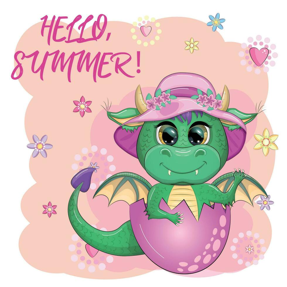 Cute cartoon green baby dragon in a summer hat. Symbol of 2024 according to the Chinese calendar. vector