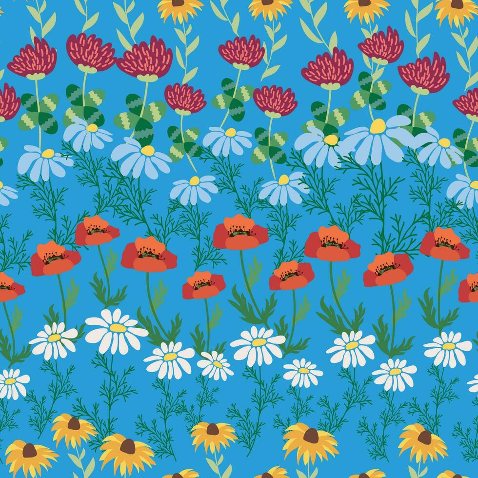 Seamless pattern with red poppies, white chamomile flowers, yellow rudbeckia. Summer flower field, meadow. vector