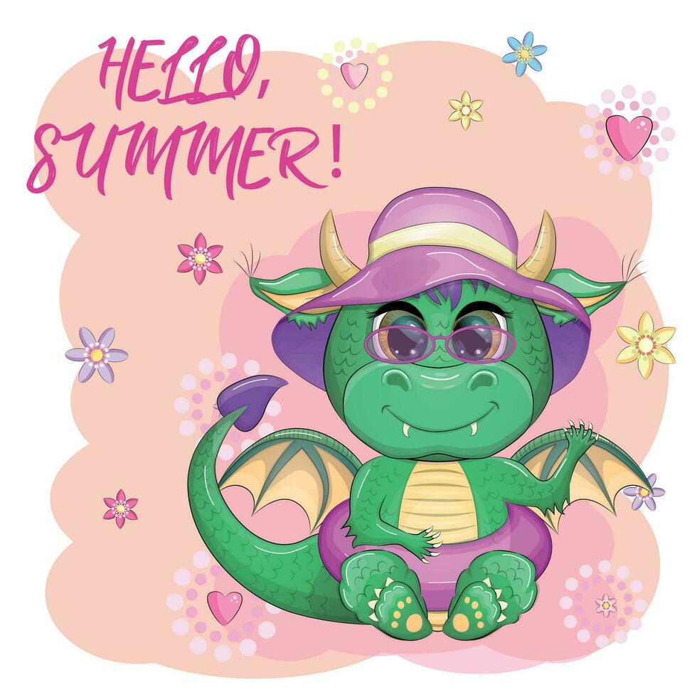 Cute cartoon green baby dragon in a summer hat, swim ring. Symbol of 2024 according to the Chinese calendar. vector