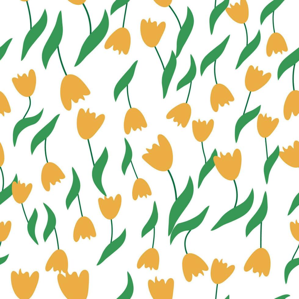 Seamless floral pattern with colorful tulip flowers, leaves and petals. Retro from the 1970s vector