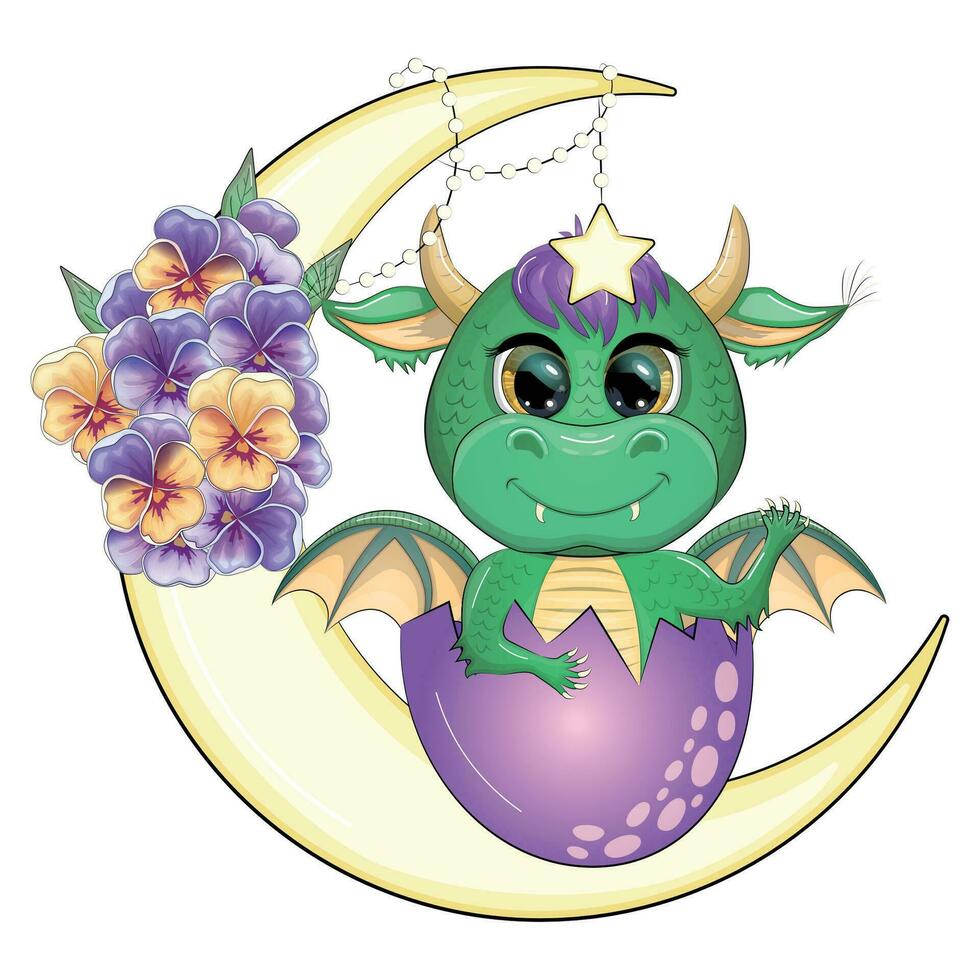 Cute cartoon green baby dragon on the moon. Symbol of 2024 according to the Chinese calendar. vector