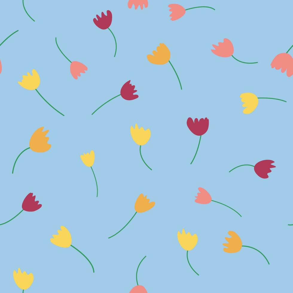 Seamless floral pattern with colorful tulip flowers, leaves and petals. Retro from the 1970s vector