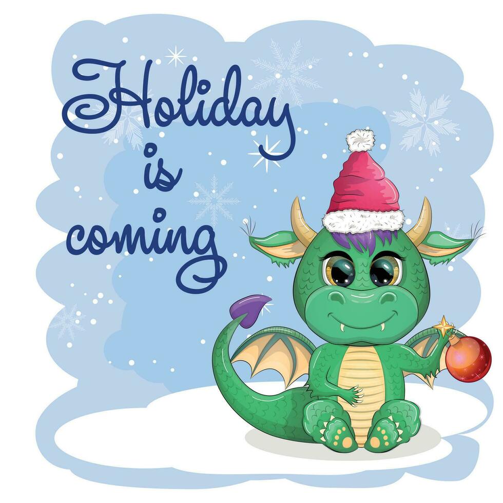 Cute cartoon green dragon in santa hat. 2024 new year, chinese calendar vector