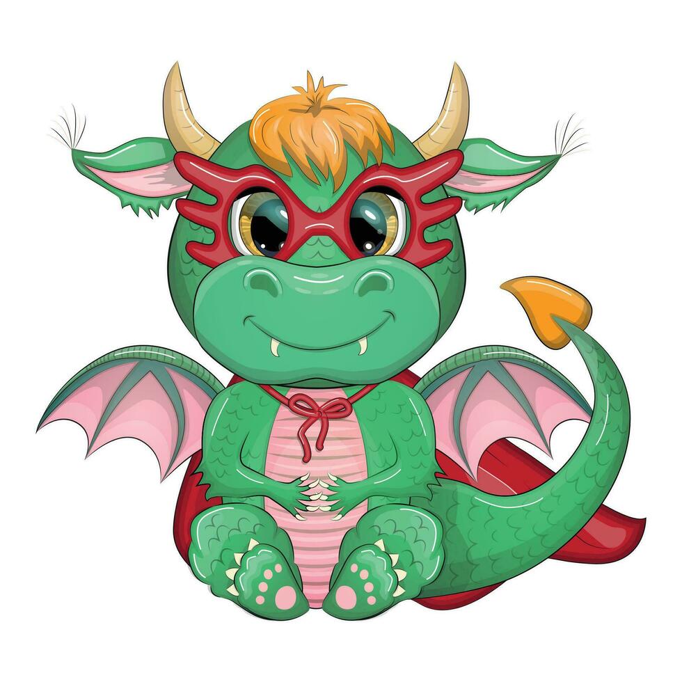 Cute cartoon green baby dragon in a red cape, super hero savior. Symbol of 2024 according to the Chinese calendar vector