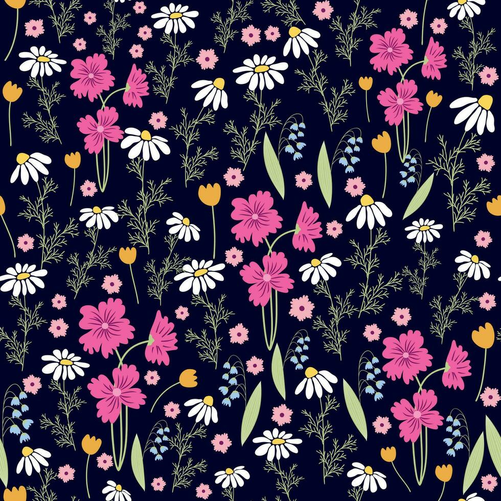 Floral seamless pattern. Daisies, lilies of the valley, clover, tulips, peonies, gritsiki, herbs. Print with small bright flowers, spring bouquet. vector