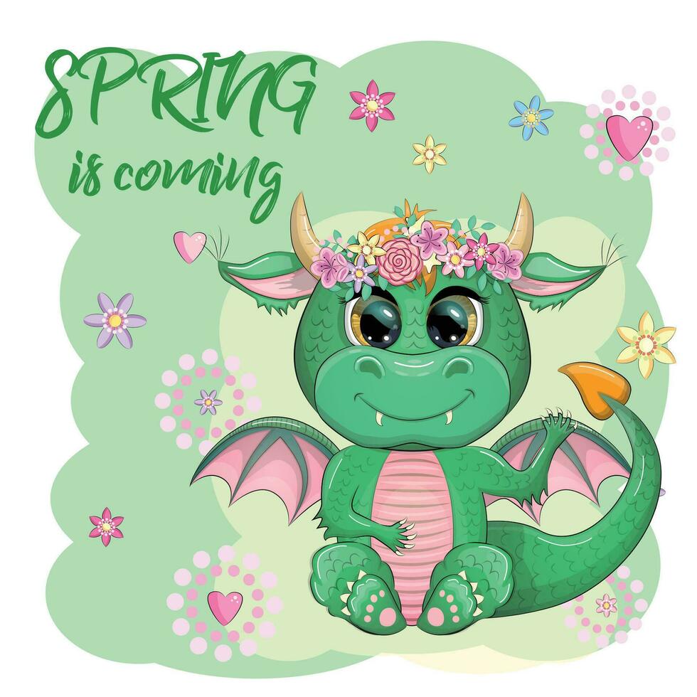 Cute cartoon green baby dragon with horns and wings. Symbol of 2024 according to the Chinese calendar. Funny mythical monster reptile. vector