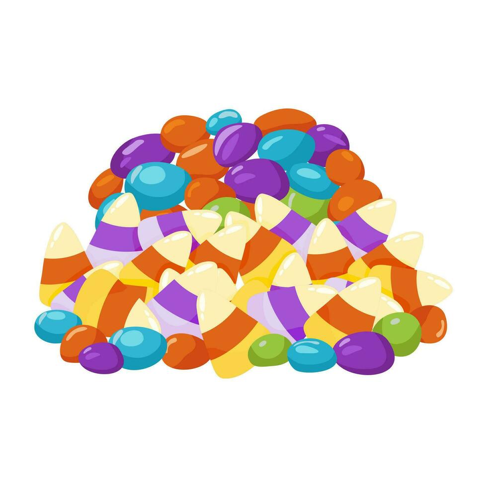 A pile of candy corn and candy beans. Various sweets for children for the holiday Halloween. Multicolored sweet treats. Vector illustration.