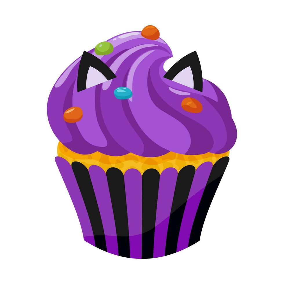 A purple cupcake with a cat ears and colorful sprinkles. Sweet holiday baked goods. Vector illustration.