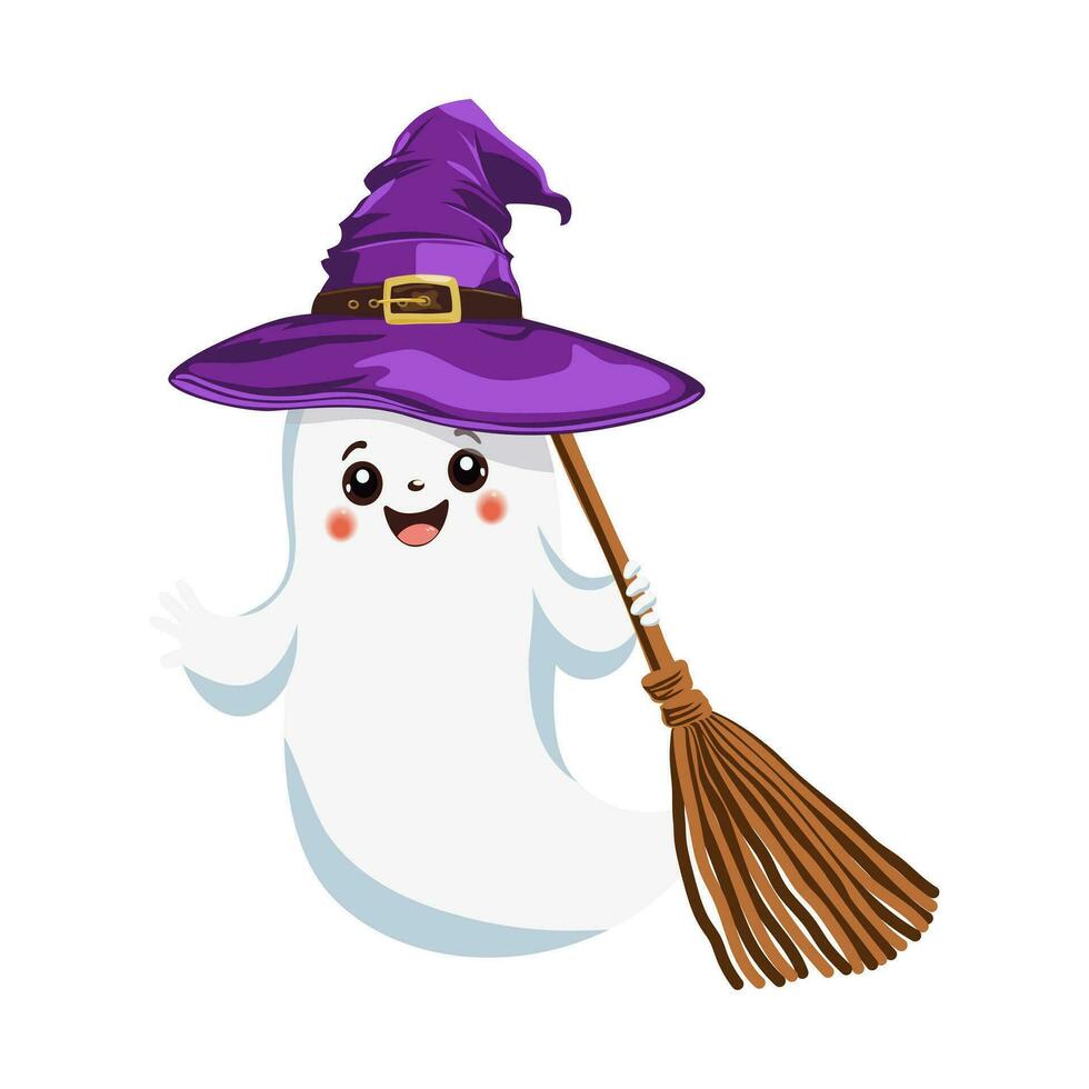 Halloween ghost in a witch hat and with a broom in his hand. Creepy cartoon spirit ghost. Traditional symbol and design element for Halloween celebration. Vector illustration.