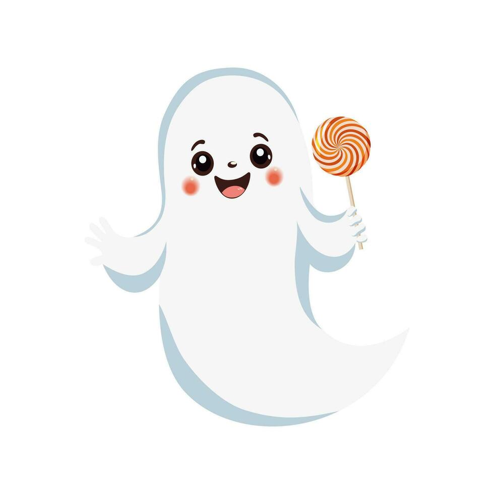 Cute Halloween ghost with a candy lollipop in his hand. Creepy cartoon spirit ghost. Traditional symbol and design element for Halloween celebration. Cartoon vector illustration.