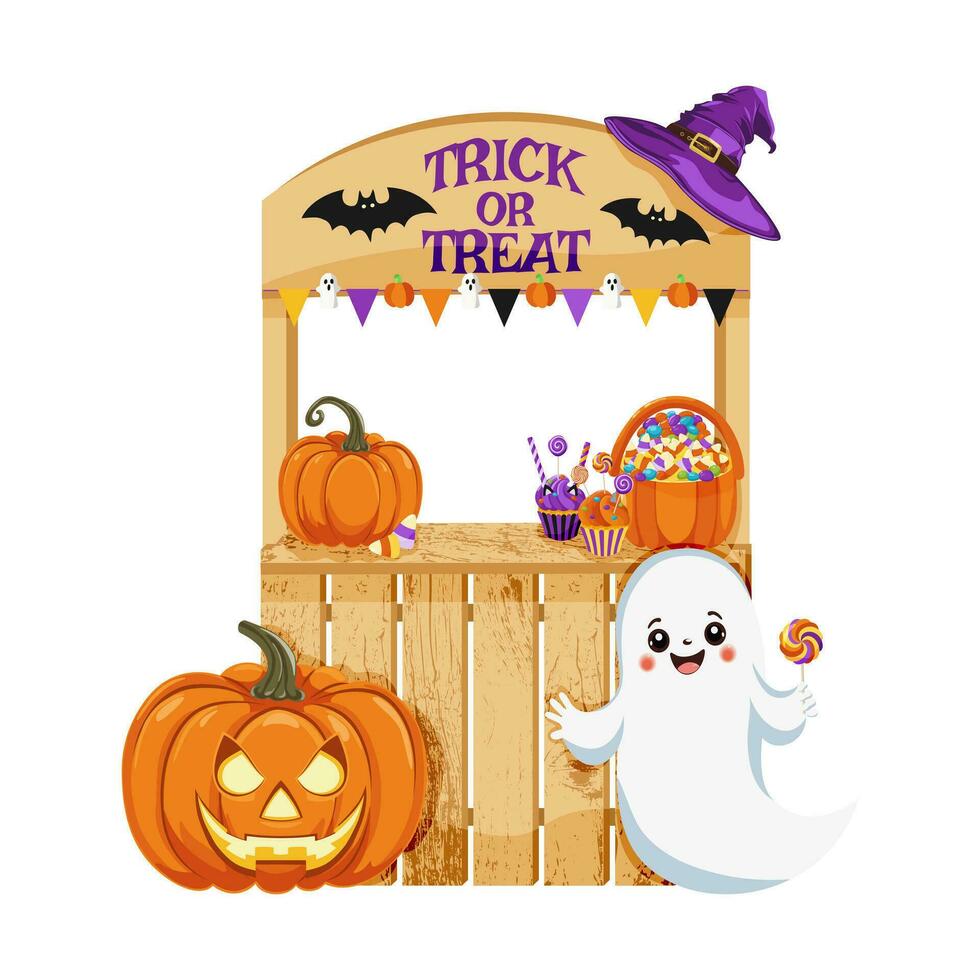 Party send with Halloween symbols. Wooden booth with cute ghost, candies, cupcakes, sweets, pumpkin, witch hat. To celebrate Halloween. Vector illustration.