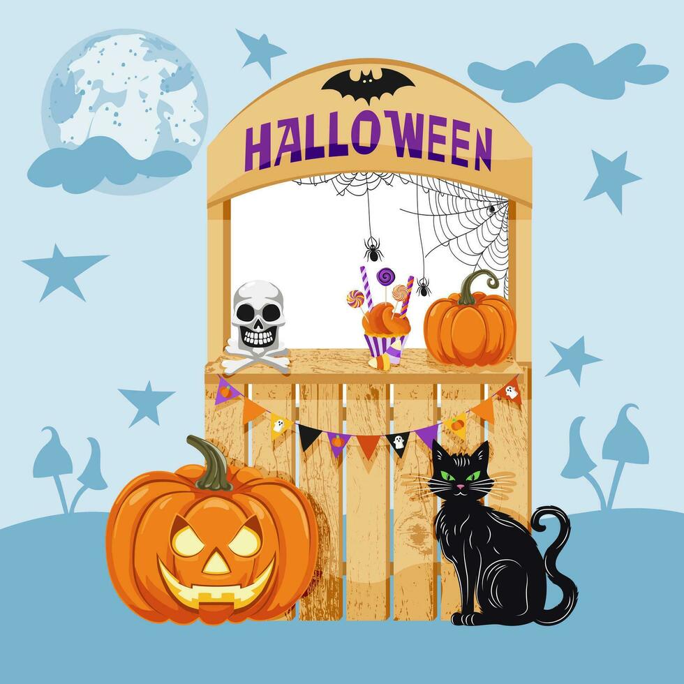 Banner decor with design elements for Halloween celebration decoration. Halloween frame. Wooden booth with pumpkin, black cat, treats, garland with flags, web with spiders, skull and crossbones. vector