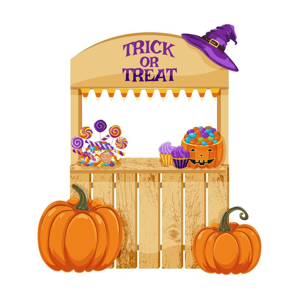 Stand with Halloween items. Wooden booth with pumpkin, sweets, cupcakes, garland with flags. Decorative decoration for Halloween celebration. Vector illustration.