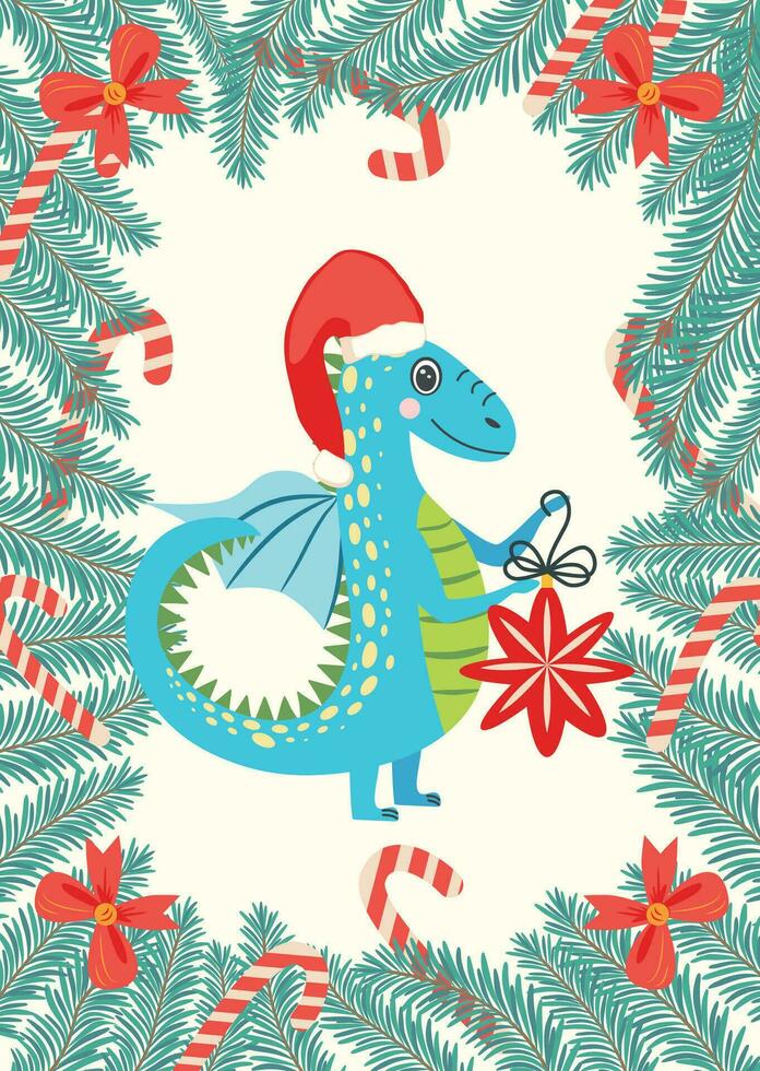 Christmas card with cute green dragon. Year of the Dragon 2024, China vector
