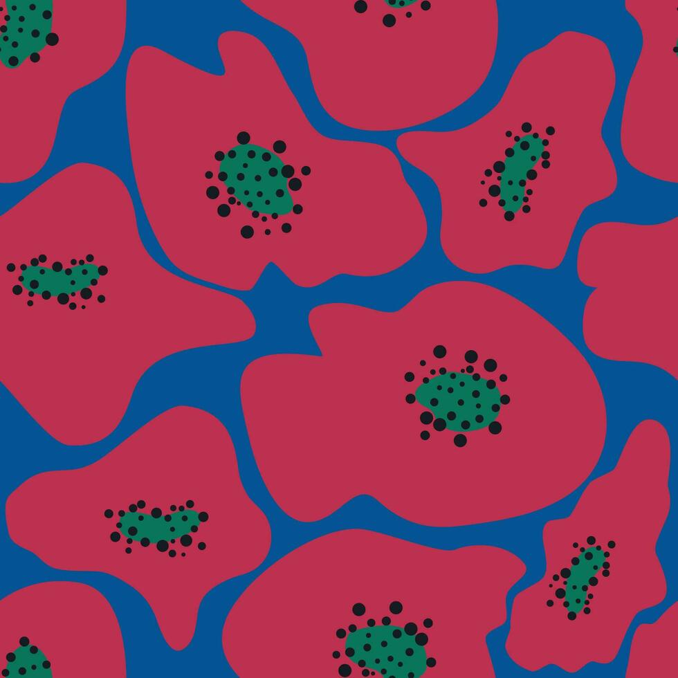 Blue Matisse floral pattern, crooked leaves and red flowers. vector