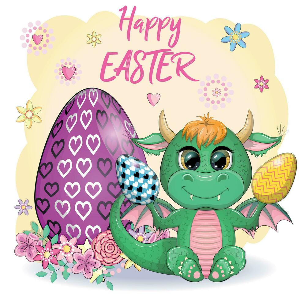 Cute cartoon green baby dragon with an easter egg. Symbol of 2024 according to the Chinese calendar vector