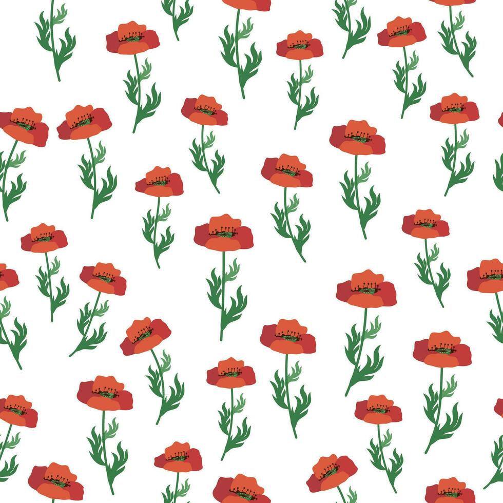 Summer seamless pattern with bright red poppy flowers and poppy pods. Field, meadow of poppies vector