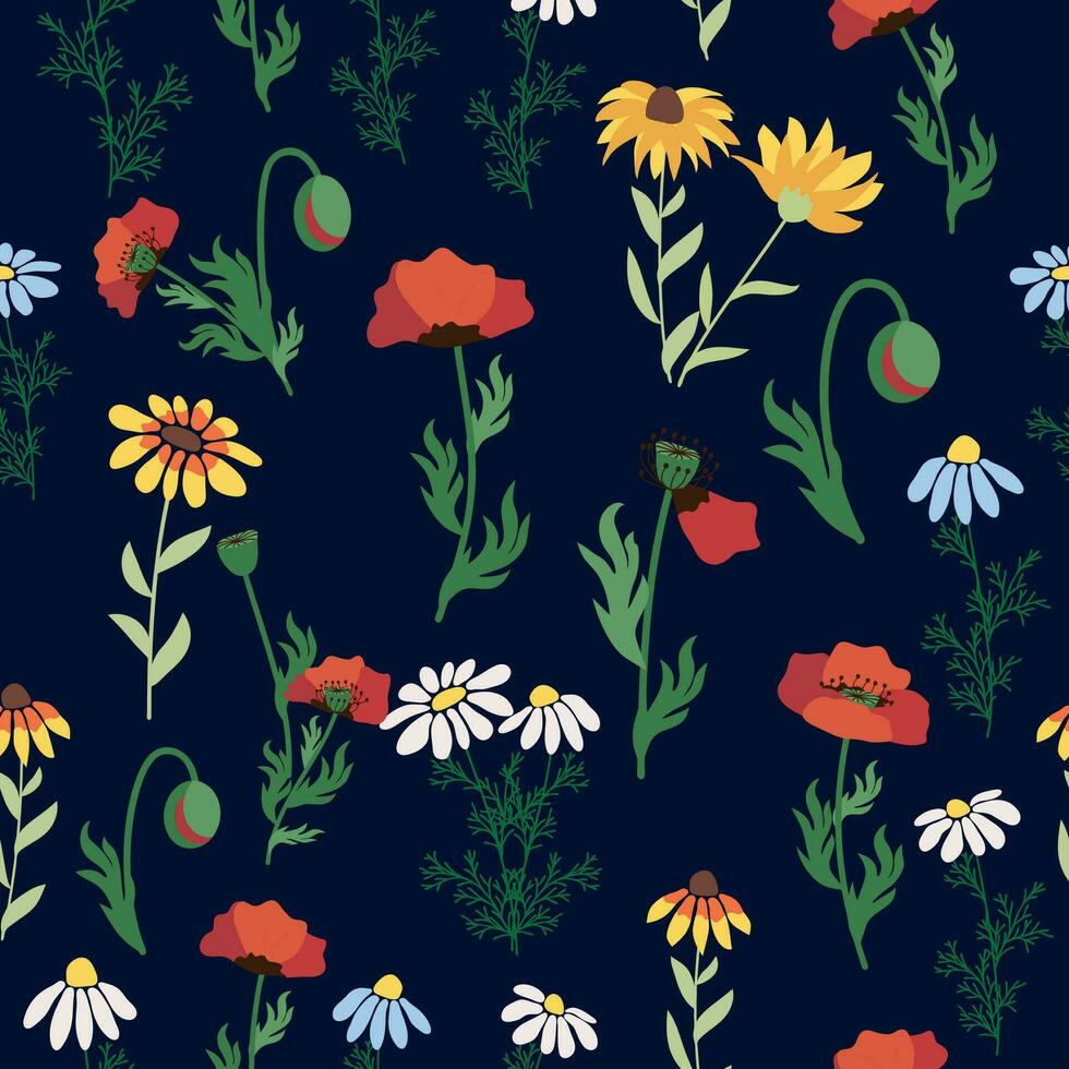 Seamless pattern with red poppies, white chamomile flowers, yellow rudbeckia. Summer flower field, meadow. vector