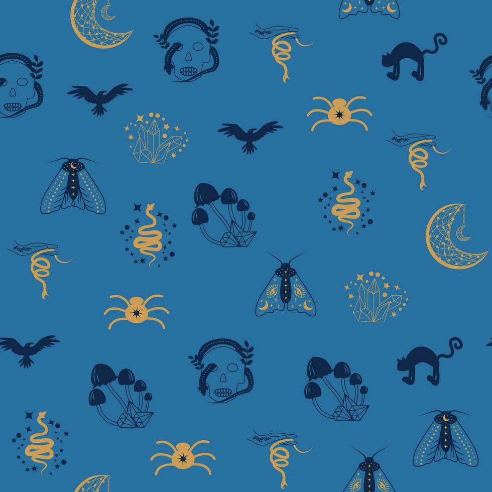 Magic and heaven seamless pattern, with magical elements such as snake, eye. Symbols and elements of the witchcraft theme. vector