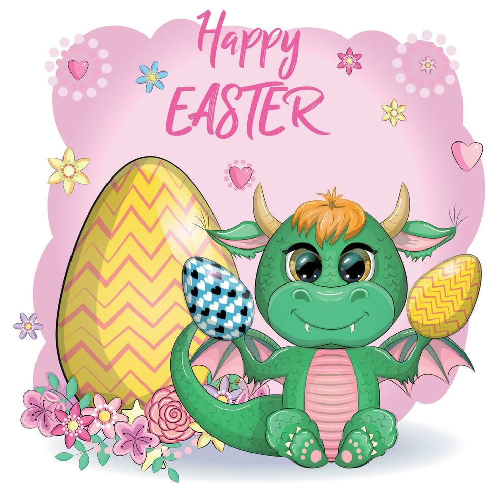 Cute cartoon green baby dragon with an easter egg. Symbol of 2024 according to the Chinese calendar vector