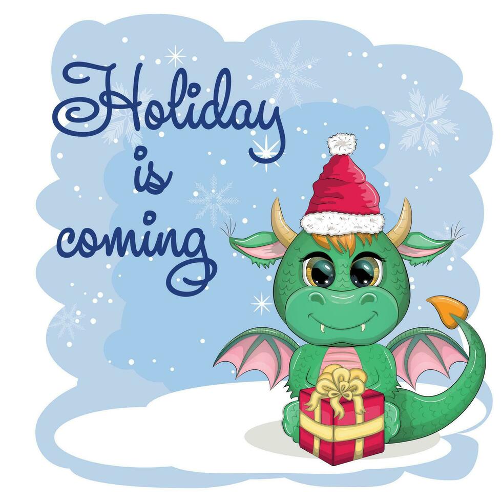 Cute cartoon green dragon in santa hat. 2024 new year, chinese calendar vector