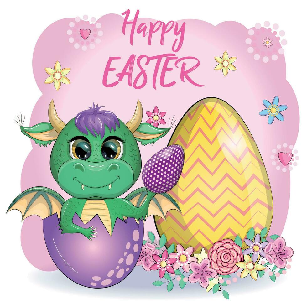 Cute cartoon green baby dragon with an easter egg. Symbol of 2024 according to the Chinese calendar vector