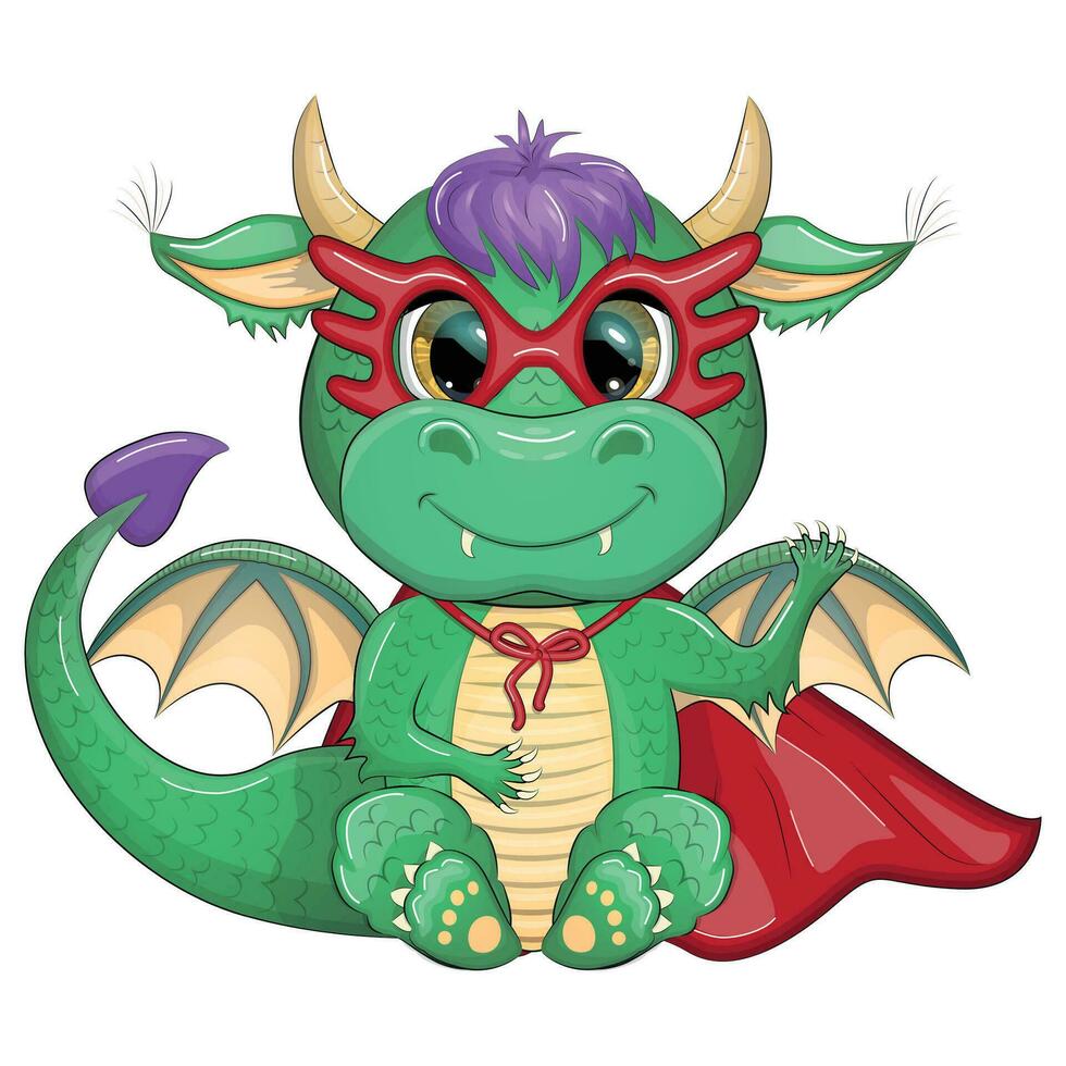 Cute cartoon green baby dragon in a red cape, super hero savior. Symbol of 2024 according to the Chinese calendar vector
