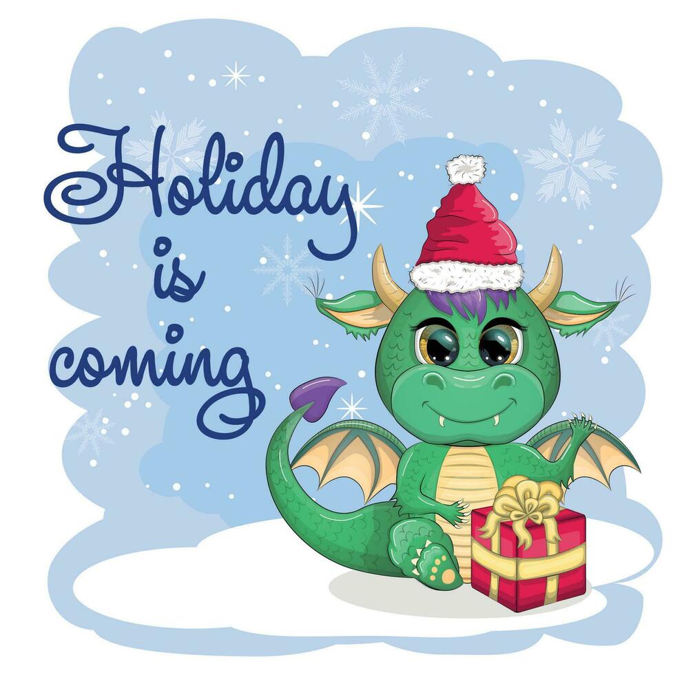 Cute cartoon green dragon in santa hat. 2024 new year, chinese calendar vector