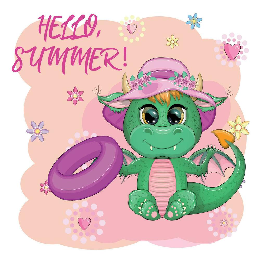 Cute cartoon green baby dragon in a summer hat, swim ring. Symbol of 2024 according to the Chinese calendar. vector