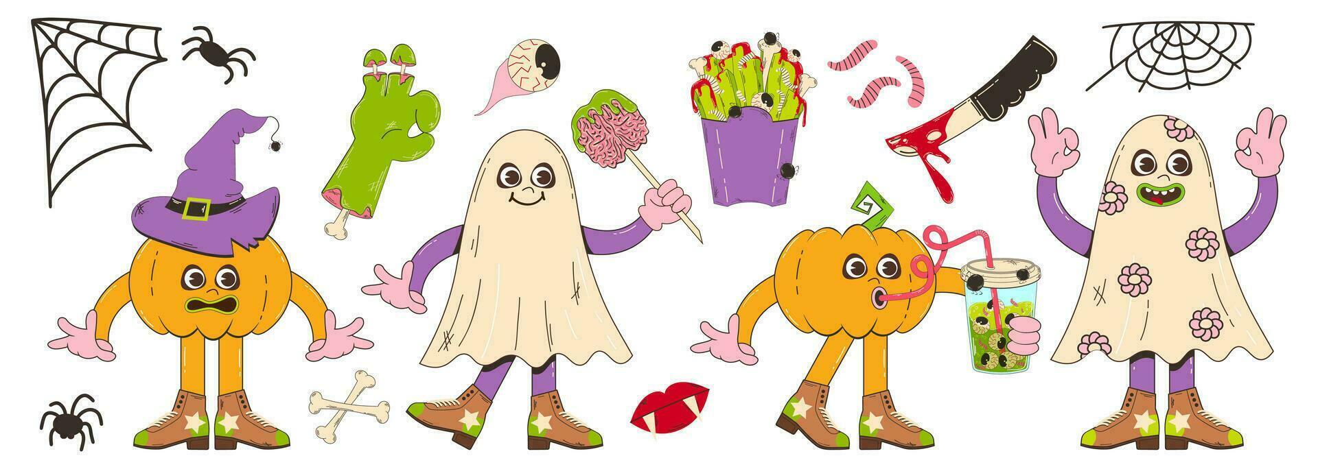 Set of elements for Halloween in retro cartoon style. Vector character illustration of pumpkin, ghost, fast food, zombie hand and other elements.