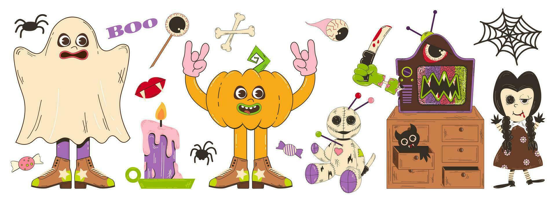 Set of elements for Halloween in retro cartoon style. Vector illustration of voodoo doll characters, emotion pumpkins, bat and other elements