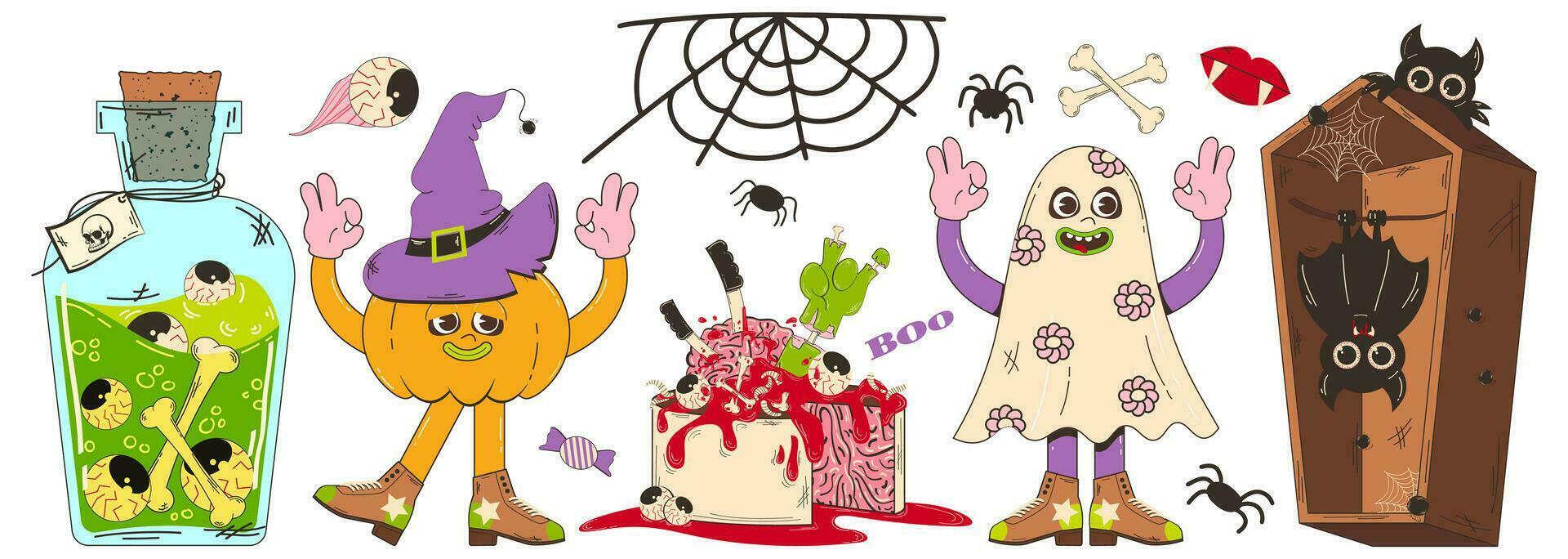 Set of elements for Halloween in retro cartoon style. Vector character illustration of pumpkin, ghost, zombie food, cake, potion with eyes, coffin with bat and other elements.